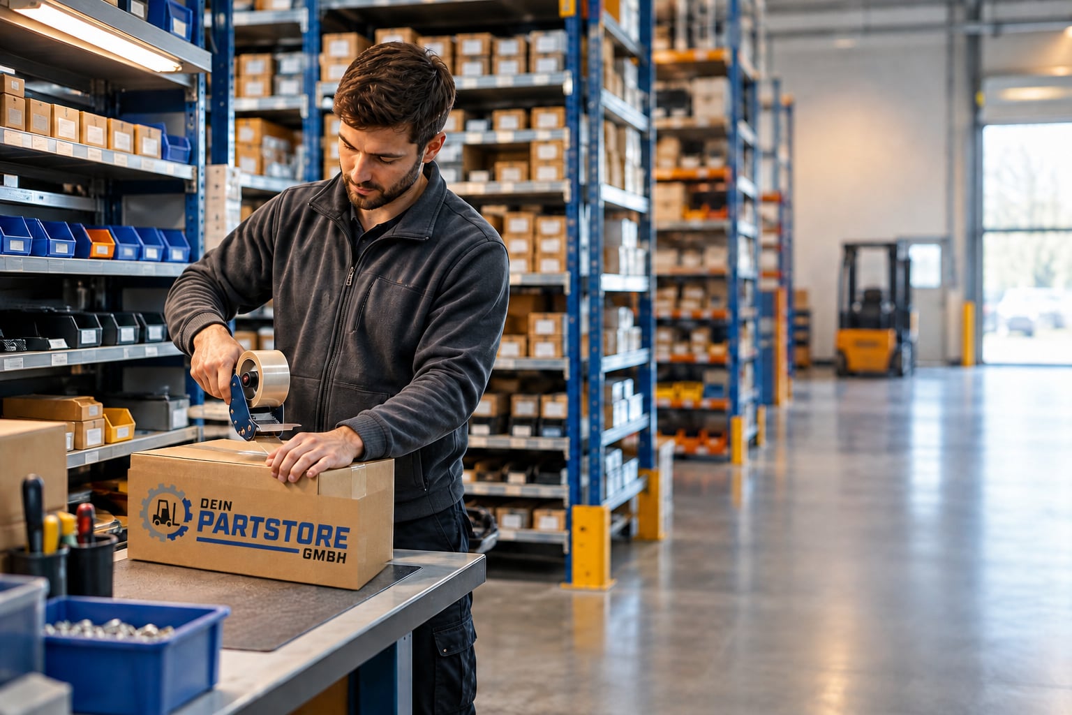 Lagermitarbeiter beim Verpacken eines gebrandeten Ersatzteilpakets
